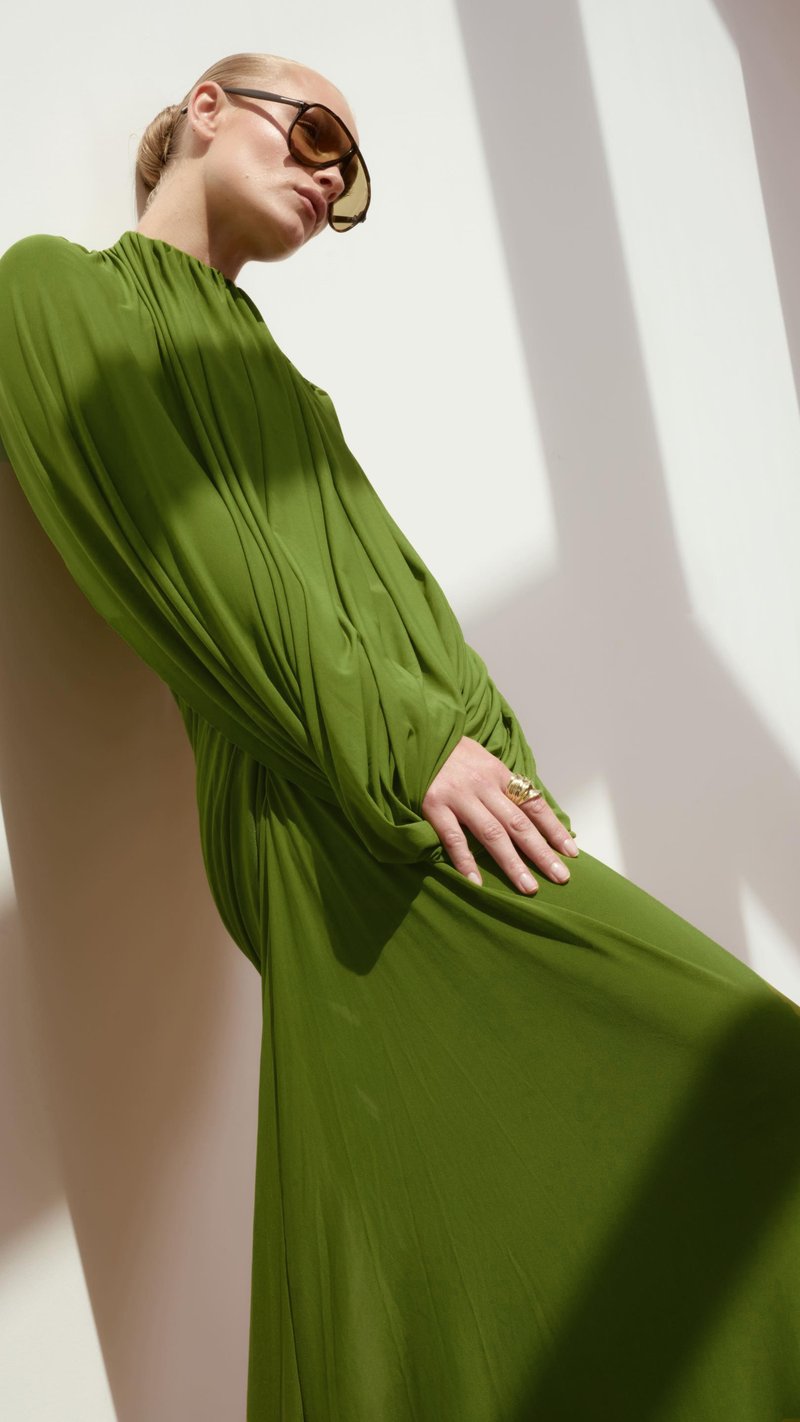 Draped Long Sleeve Green Maxi Dress H7097