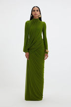 Draped Long Sleeve Green Maxi Dress H7097
