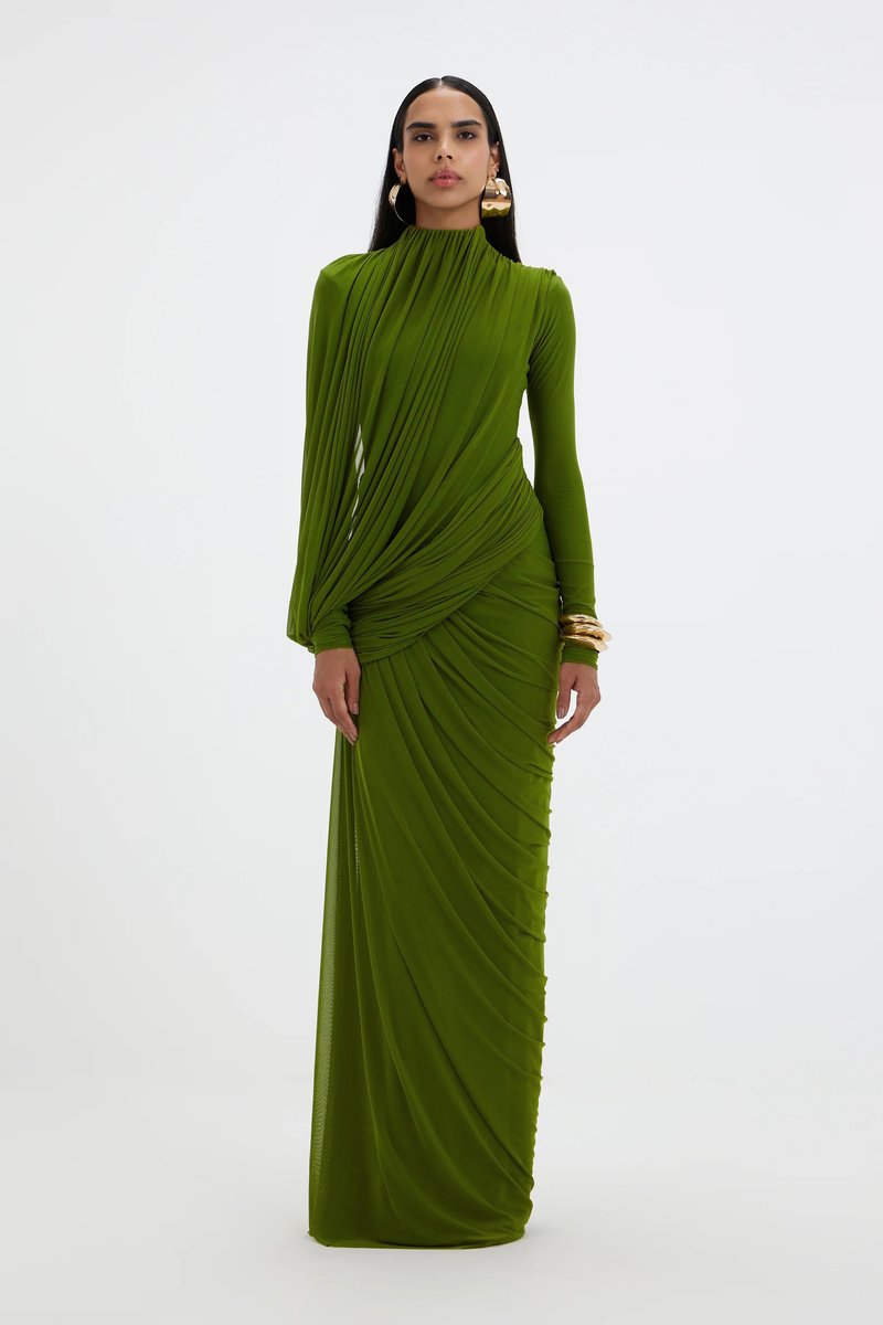 Draped Long Sleeve Green Maxi Dress H7097