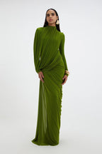 Draped Long Sleeve Green Maxi Dress H7097