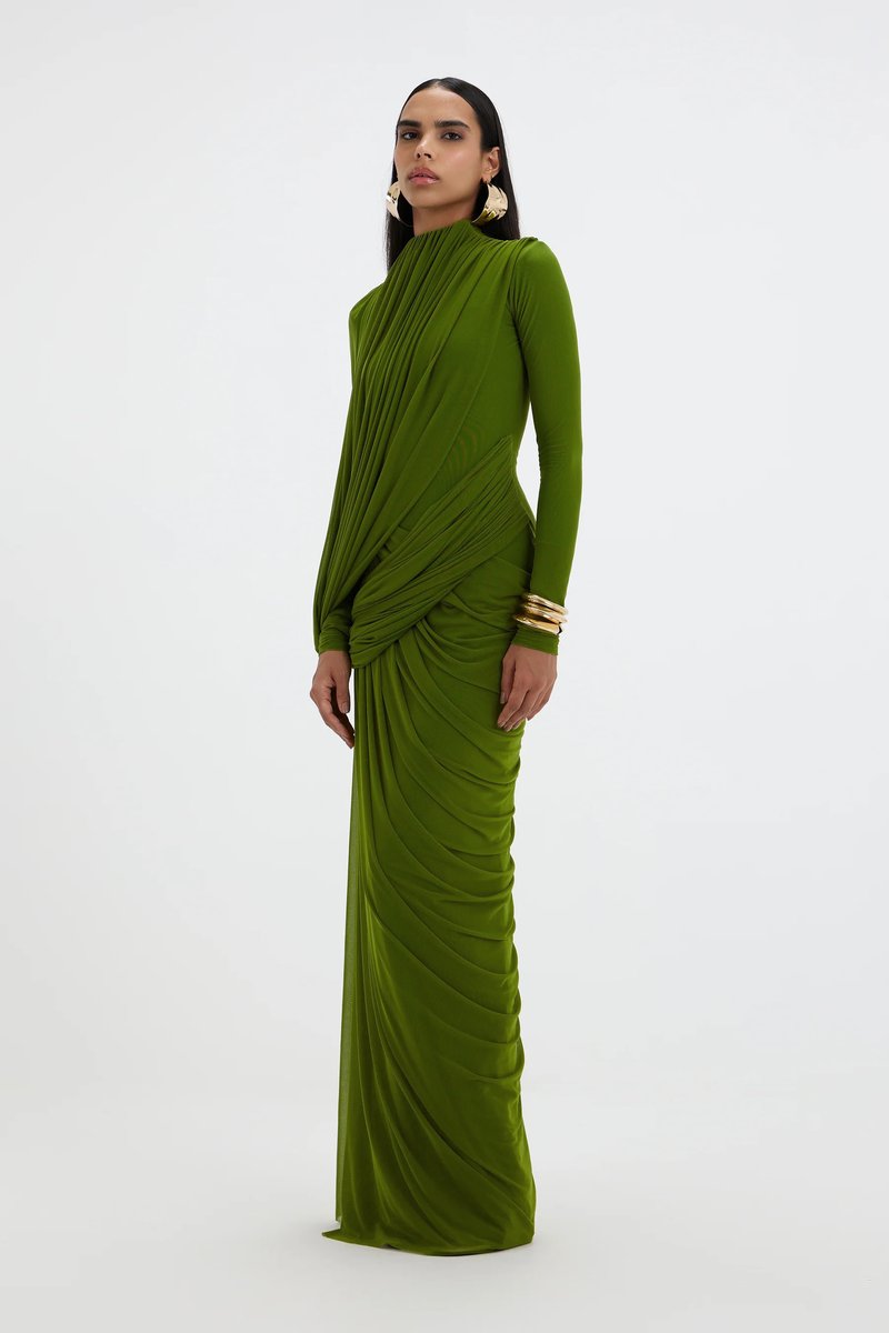 Draped Long Sleeve Green Maxi Dress H7097