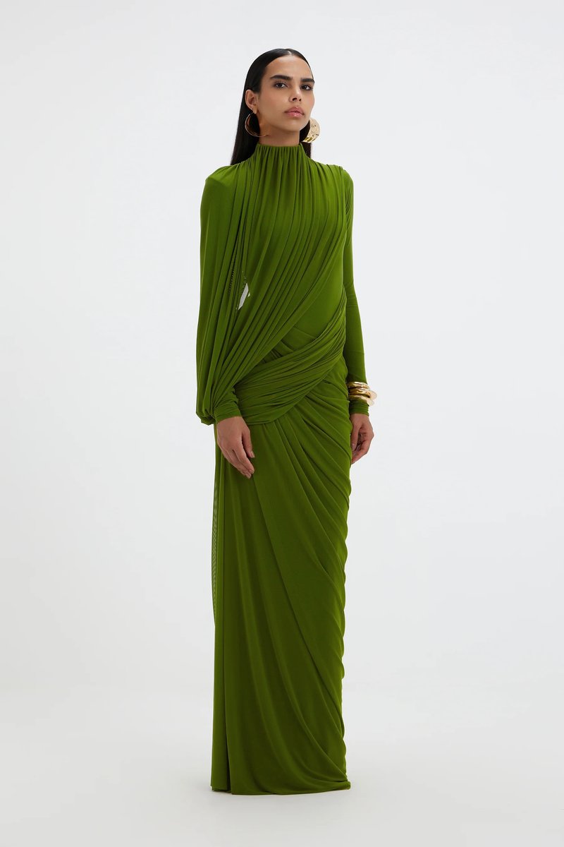 Draped Long Sleeve Green Maxi Dress H7097