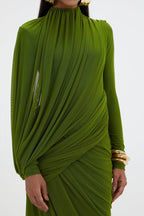 Draped Long Sleeve Green Maxi Dress H7097