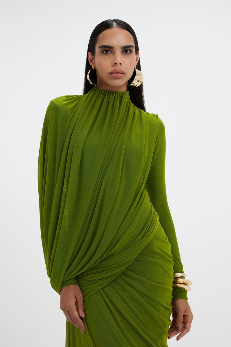 Draped Long Sleeve Green Maxi Dress H7097