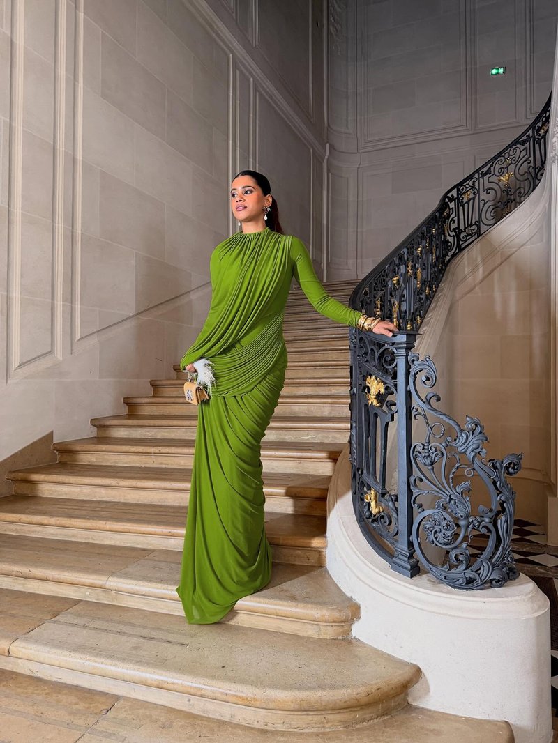 Draped Long Sleeve Green Maxi Dress H7097