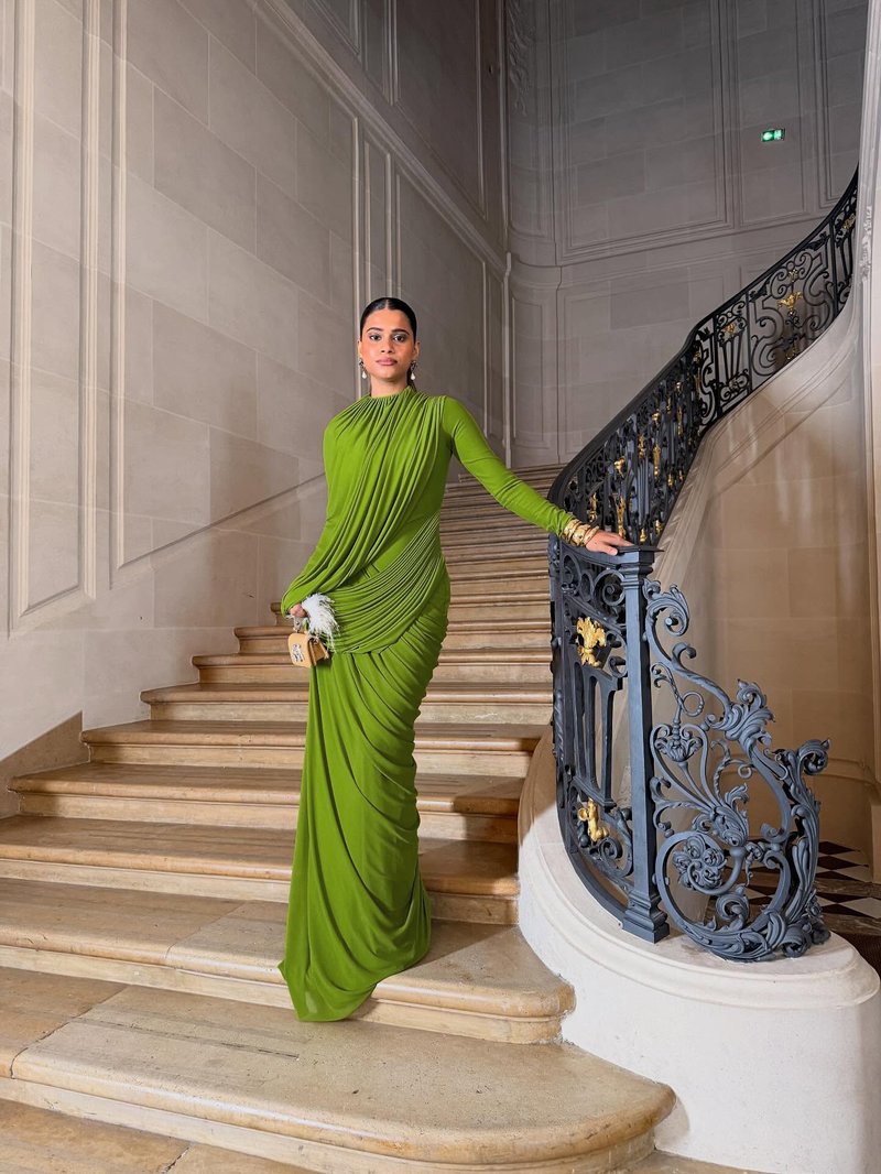 Draped Long Sleeve Green Maxi Dress H7097