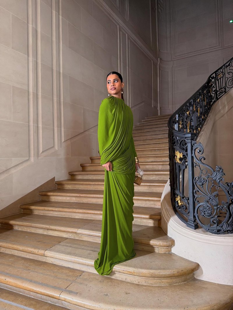 Draped Long Sleeve Green Maxi Dress H7097