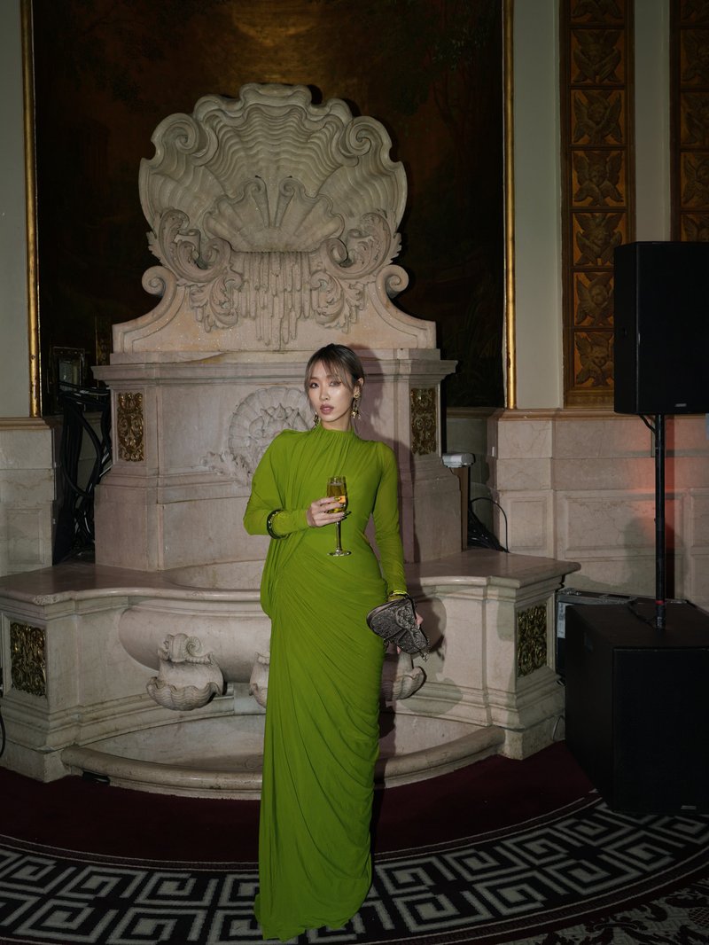 Draped Long Sleeve Green Maxi Dress H7097