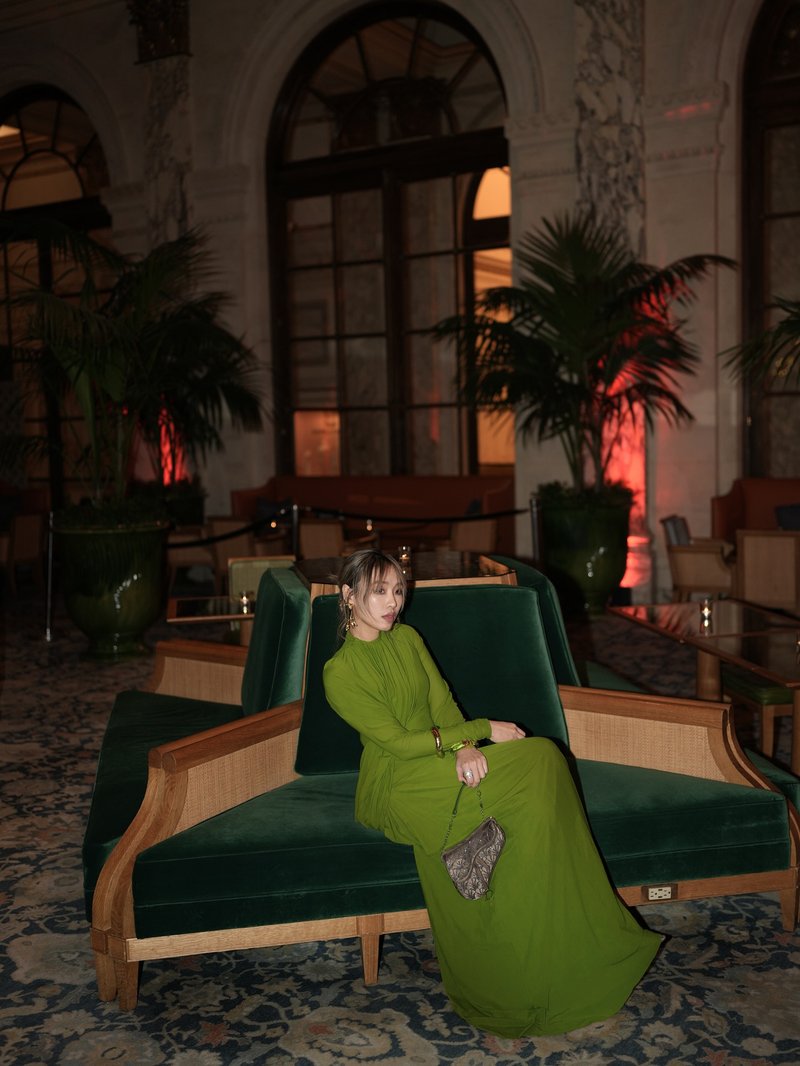 Draped Long Sleeve Green Maxi Dress H7097