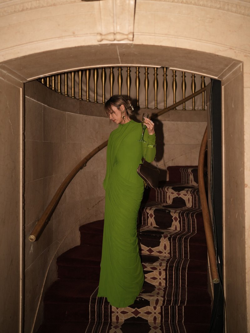 Draped Long Sleeve Green Maxi Dress H7097