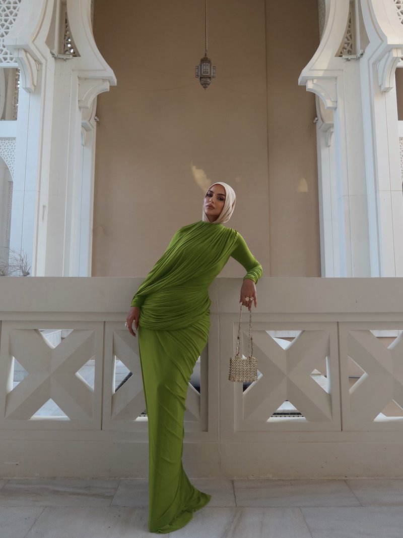 Draped Long Sleeve Green Maxi Dress H7097