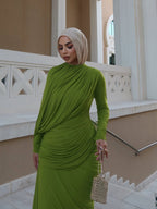 Draped Long Sleeve Green Maxi Dress H7097
