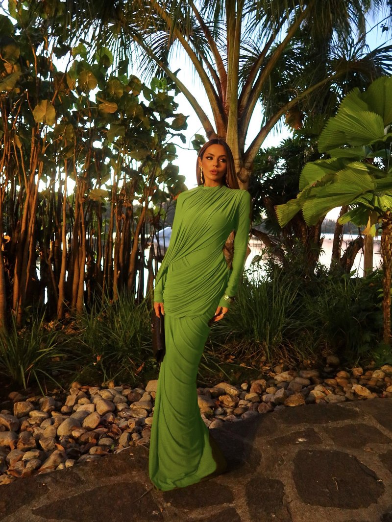 Draped Long Sleeve Green Maxi Dress H7097