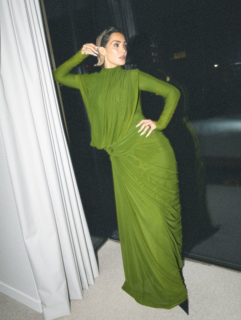 Draped Long Sleeve Green Maxi Dress H7097