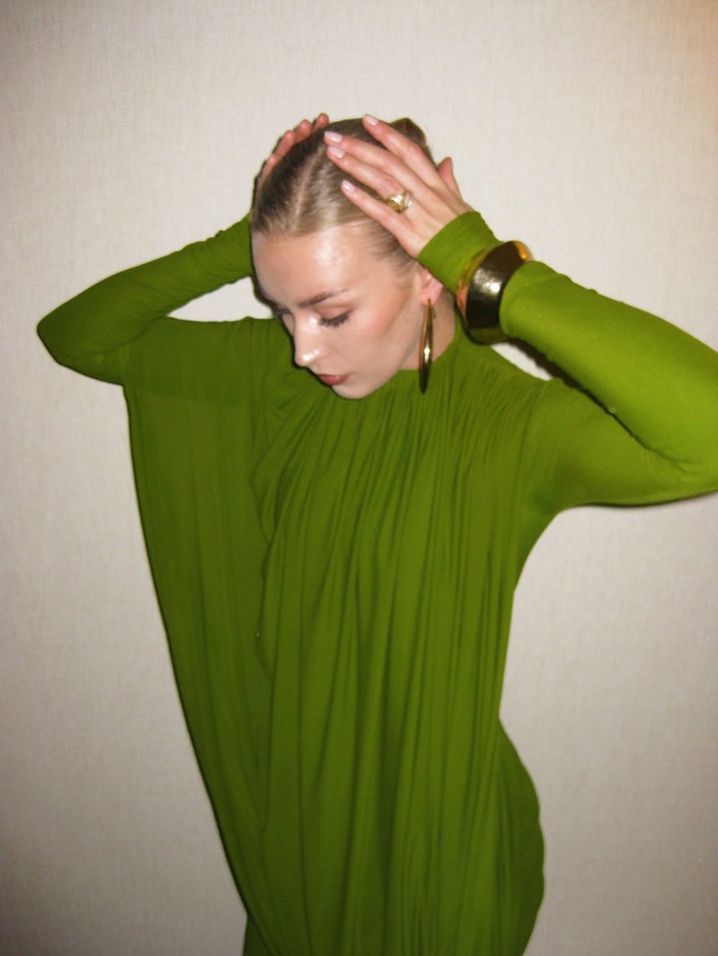 Draped Long Sleeve Green Maxi Dress H7097