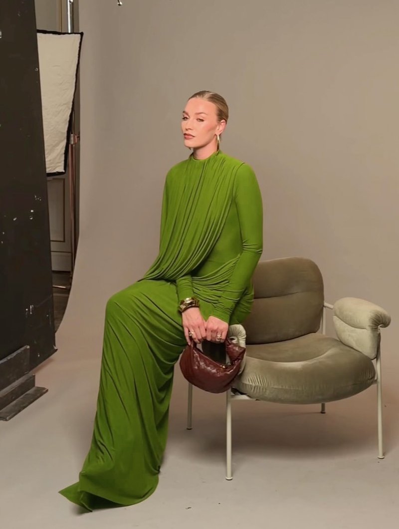 Draped Long Sleeve Green Maxi Dress H7097
