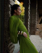 Draped Long Sleeve Green Maxi Dress H7097