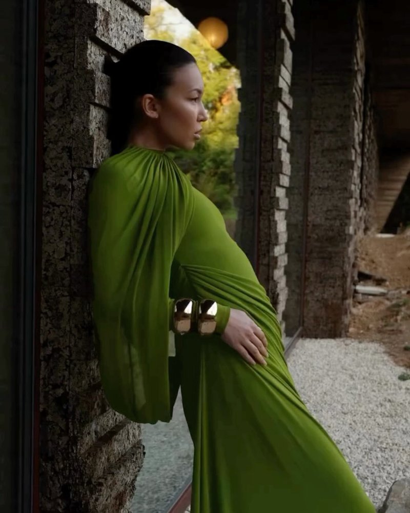 Draped Long Sleeve Green Maxi Dress H7097
