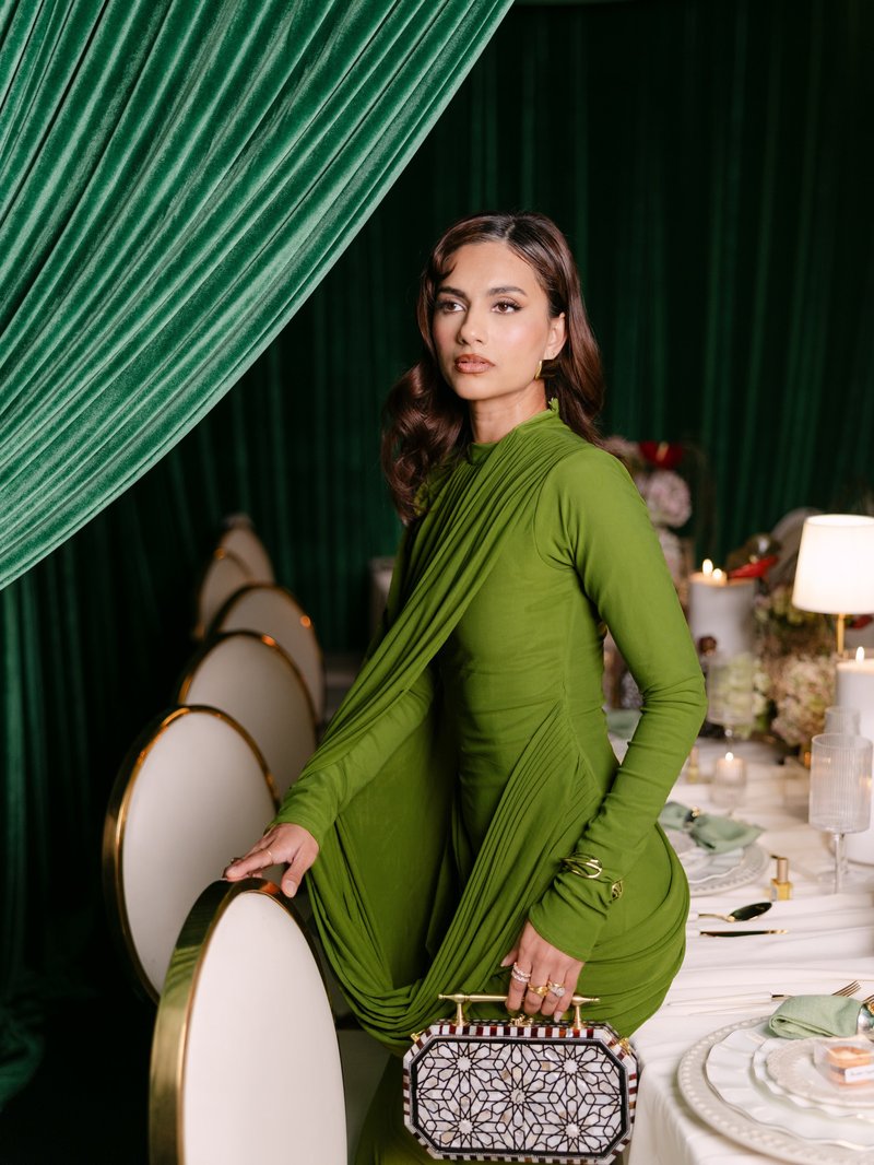 Draped Long Sleeve Green Maxi Dress H7097