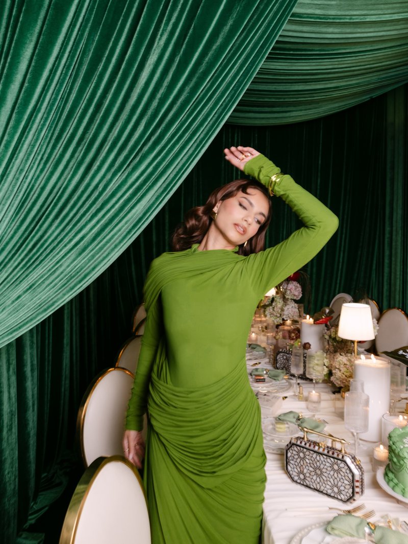 Draped Long Sleeve Green Maxi Dress H7097