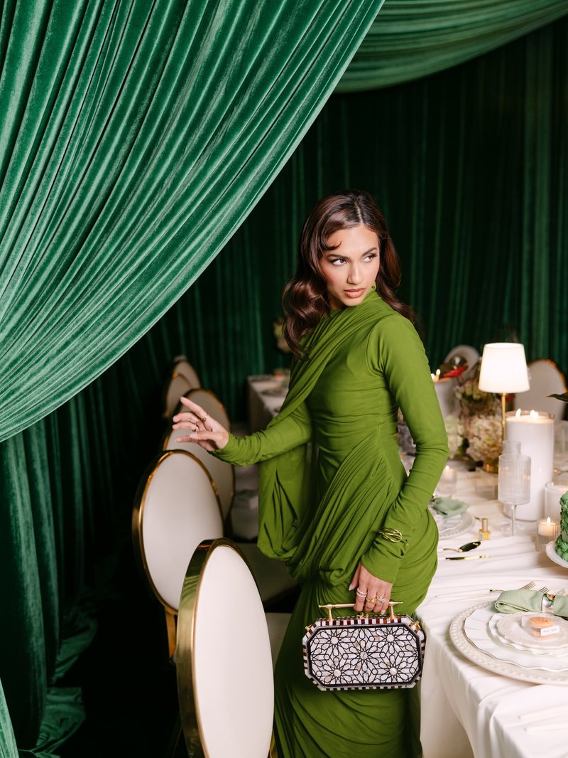 Draped Long Sleeve Green Maxi Dress H7097