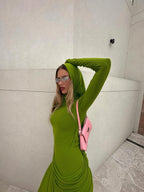 Draped Long Sleeve Green Maxi Dress H7097