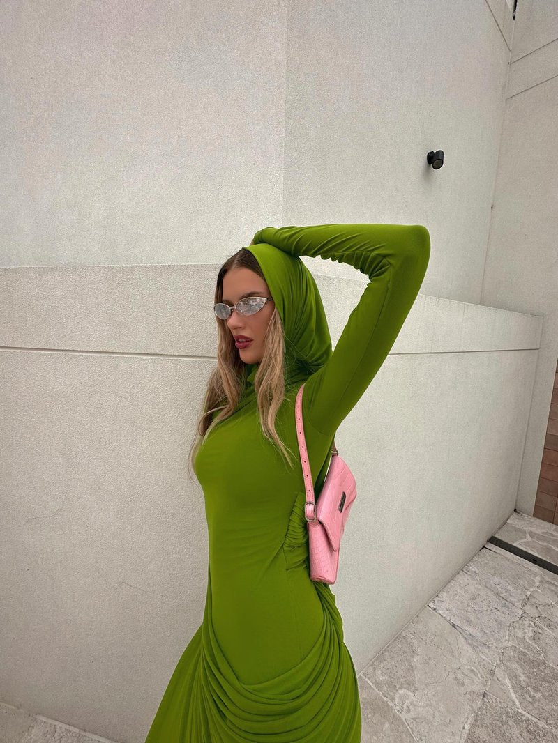 Draped Long Sleeve Green Maxi Dress H7097