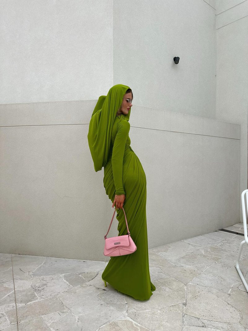 Draped Long Sleeve Green Maxi Dress H7097