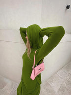 Draped Long Sleeve Green Maxi Dress H7097