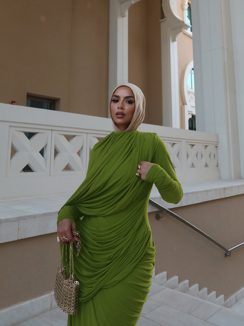 Draped Long Sleeve Green Maxi Dress H7097