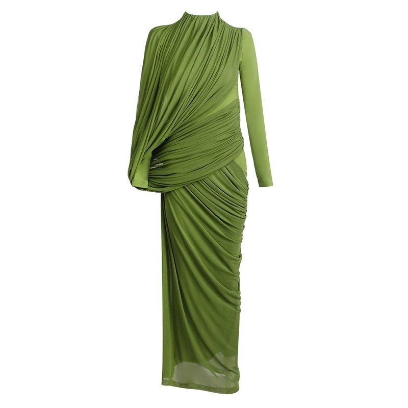 Draped Long Sleeve Green Maxi Dress H7097