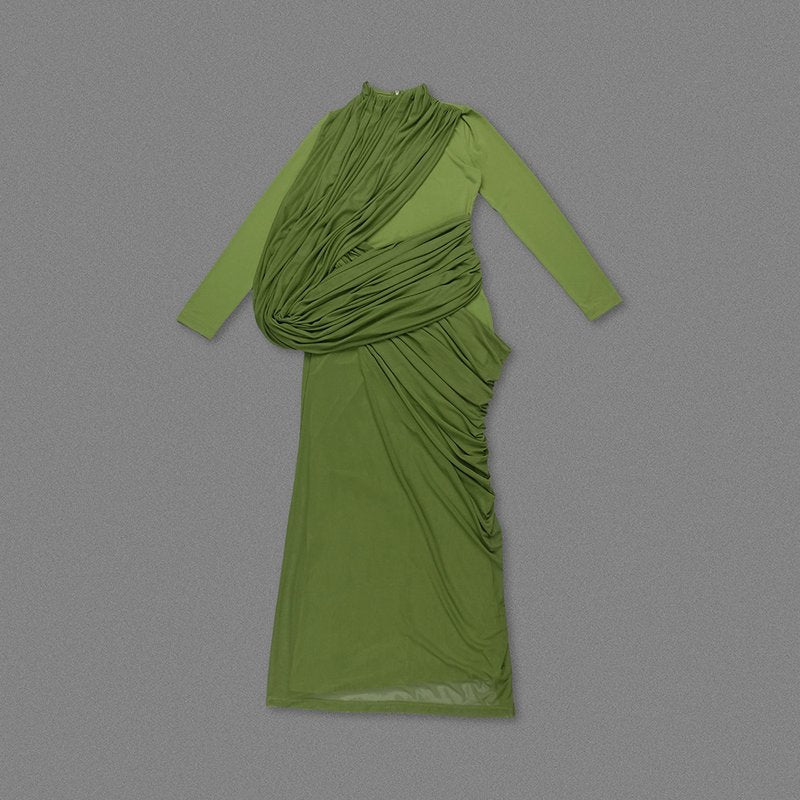 Draped Long Sleeve Green Maxi Dress H7097