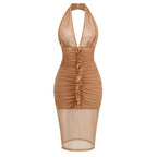 Elegant Ruched Halter Midi Dress H6652