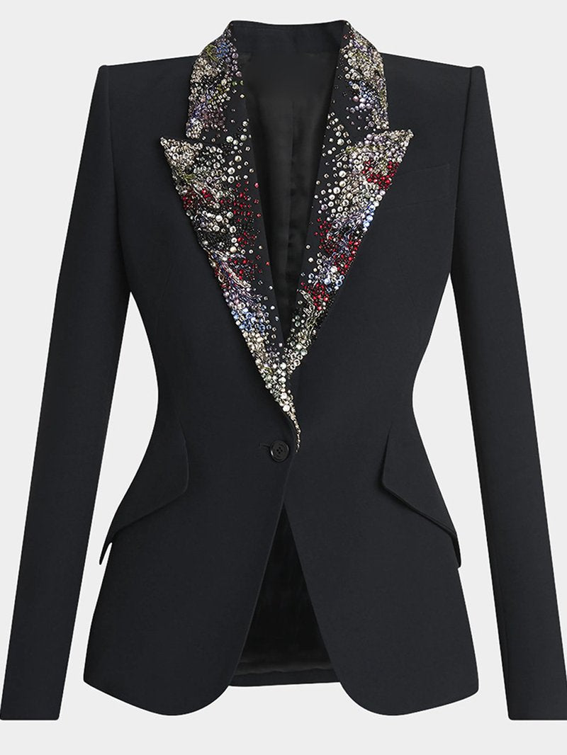 Embellished Lapel Black Tuxedo Blazer H7037