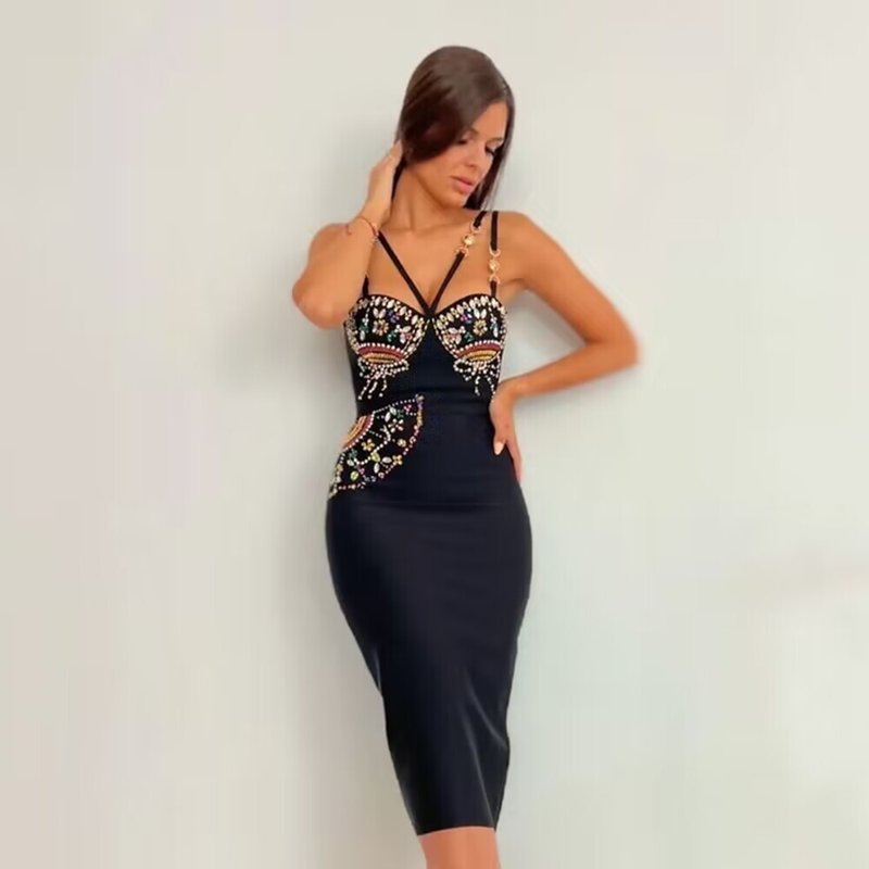Embroidered Beaded Black Bodycon Dress H6243
