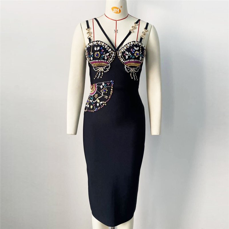 Embroidered Beaded Black Bodycon Dress H6243