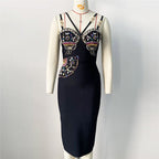 Embroidered Beaded Black Bodycon Dress H6243