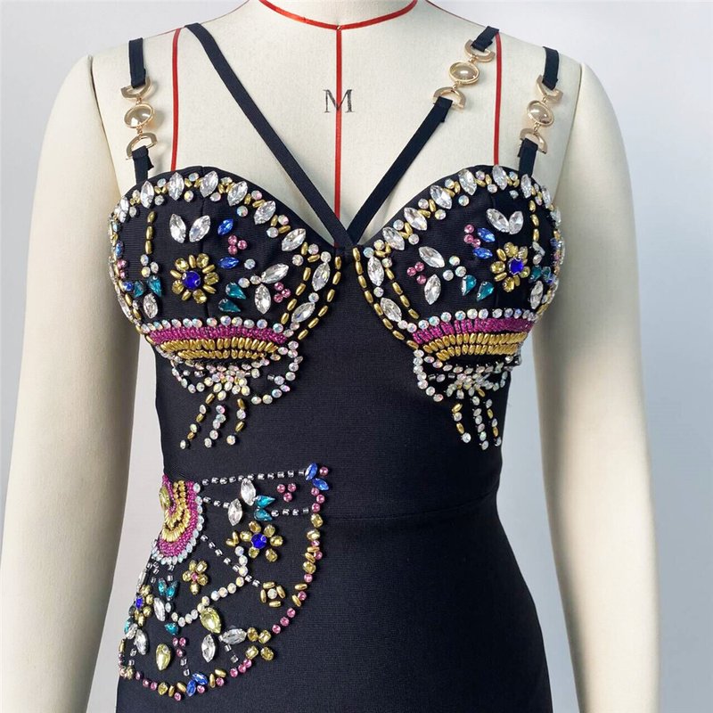 Embroidered Beaded Black Bodycon Dress H6243