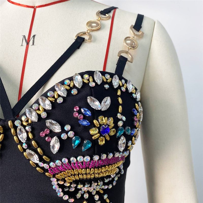 Embroidered Beaded Black Bodycon Dress H6243