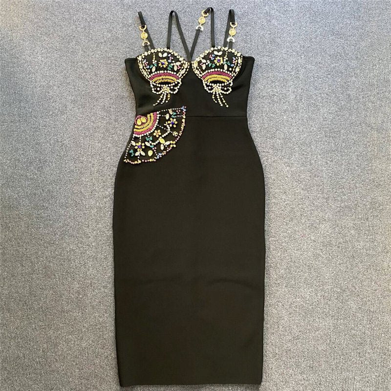 Embroidered Beaded Black Bodycon Dress H6243
