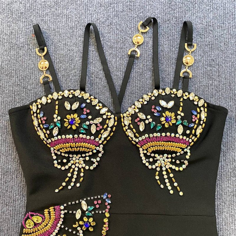 Embroidered Beaded Black Bodycon Dress H6243