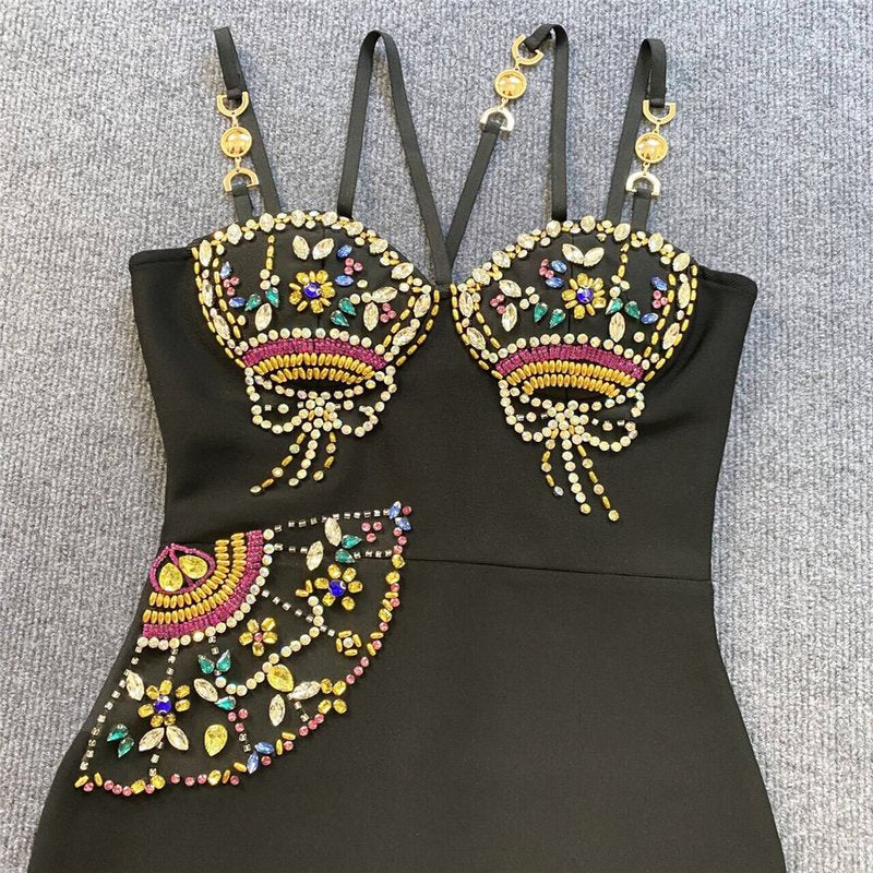 Embroidered Beaded Black Bodycon Dress H6243