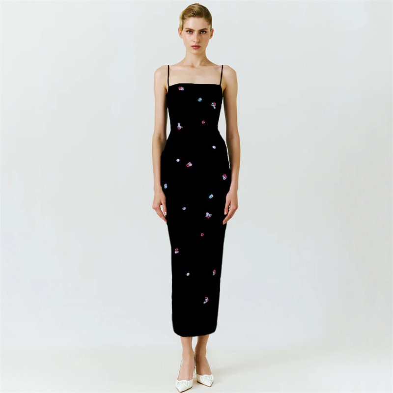 Embroidered Black Strappy Midi Dress H6306