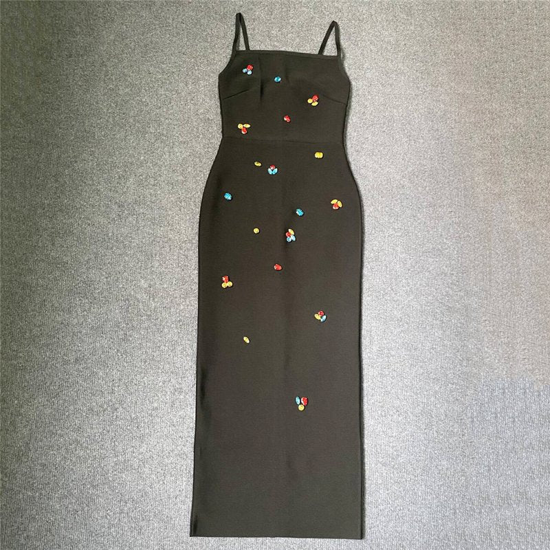 Embroidered Black Strappy Midi Dress H6306