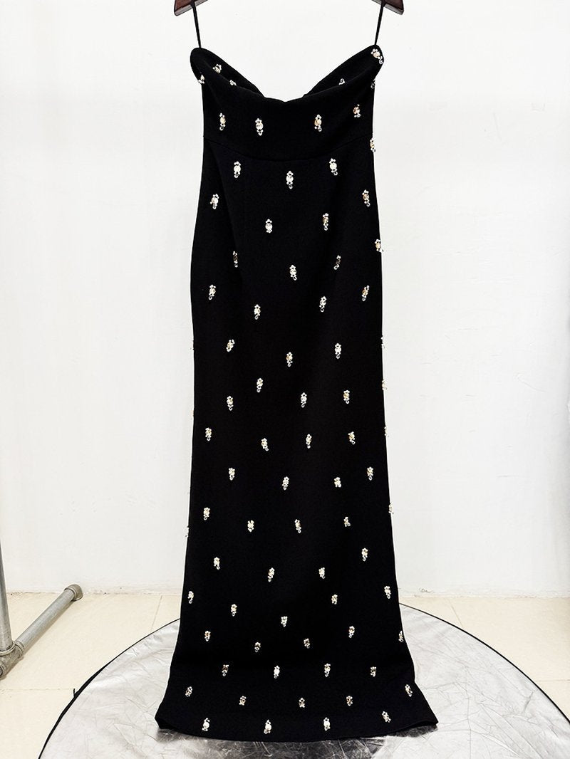 Embroidered Floral Black Maxi Dress H7091