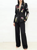 Embroidered Floral Black Tuxedo Suit H7041