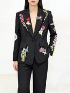 Embroidered Floral Black Tuxedo Suit H7041