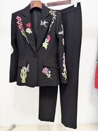 Embroidered Floral Black Tuxedo Suit H7041