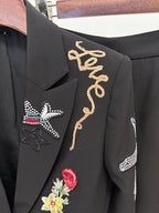 Embroidered Floral Black Tuxedo Suit H7041