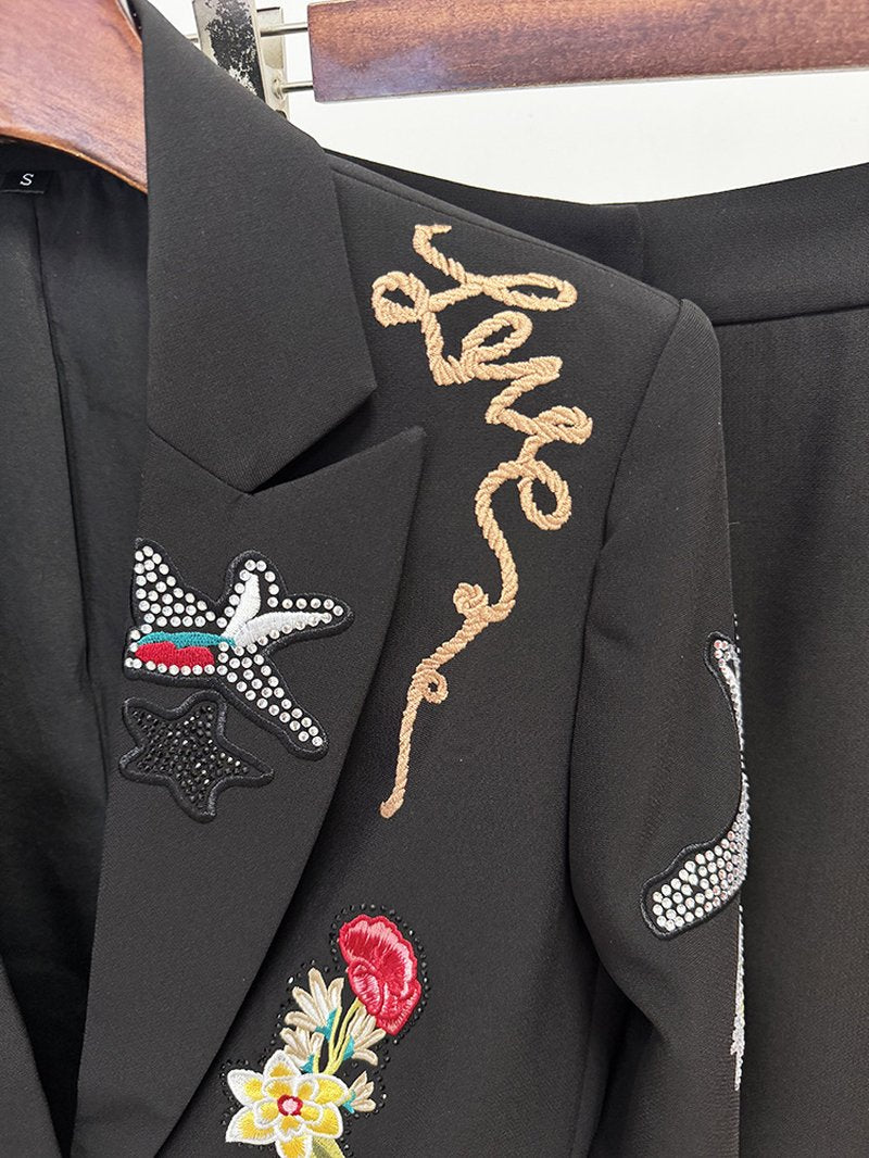 Embroidered Floral Black Tuxedo Suit H7041